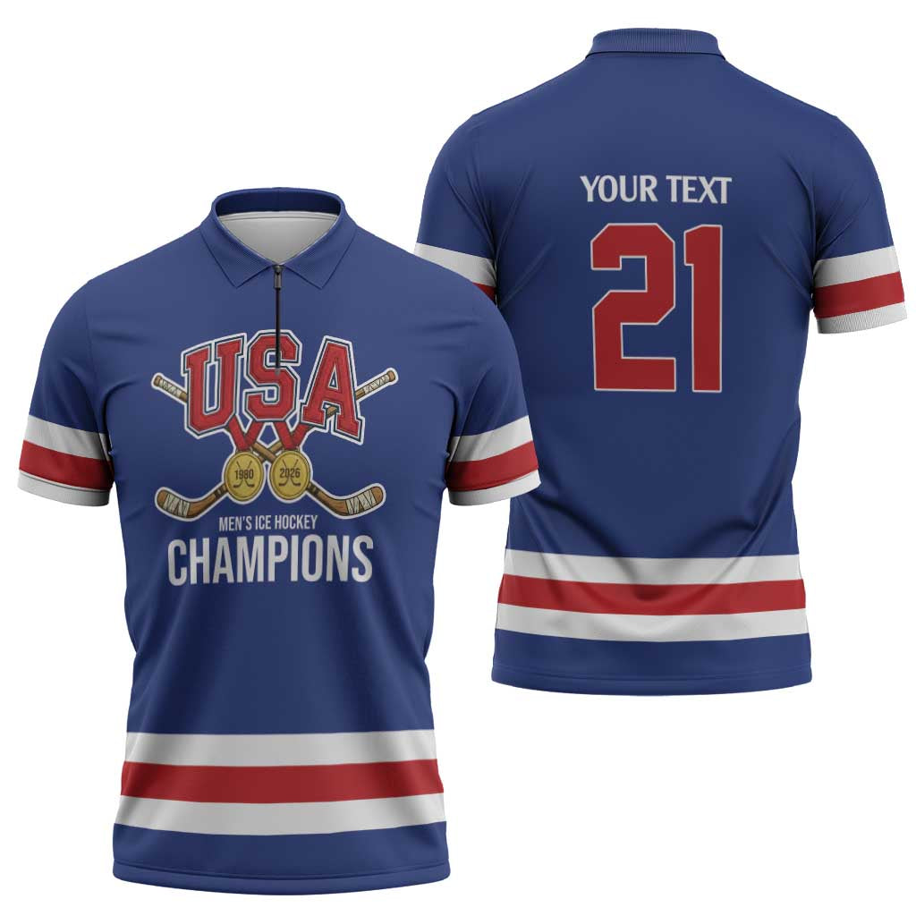 Custom United States Hockey 1980-2026 Gold Medal Zipper Polo Shirt Embroidery Effect Blue Style