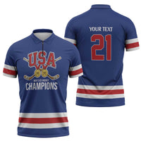 Custom United States Hockey 1980-2026 Gold Medal Zipper Polo Shirt Embroidery Effect Blue Style