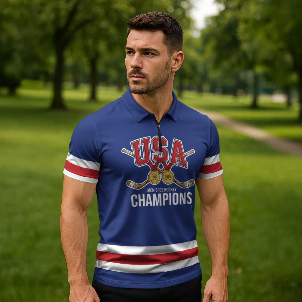 Custom United States Hockey 1980-2026 Gold Medal Zipper Polo Shirt Embroidery Effect Blue Style