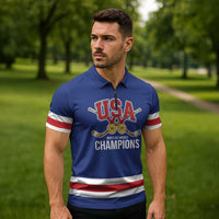 Custom United States Hockey 1980-2026 Gold Medal Zipper Polo Shirt Embroidery Effect Blue Style