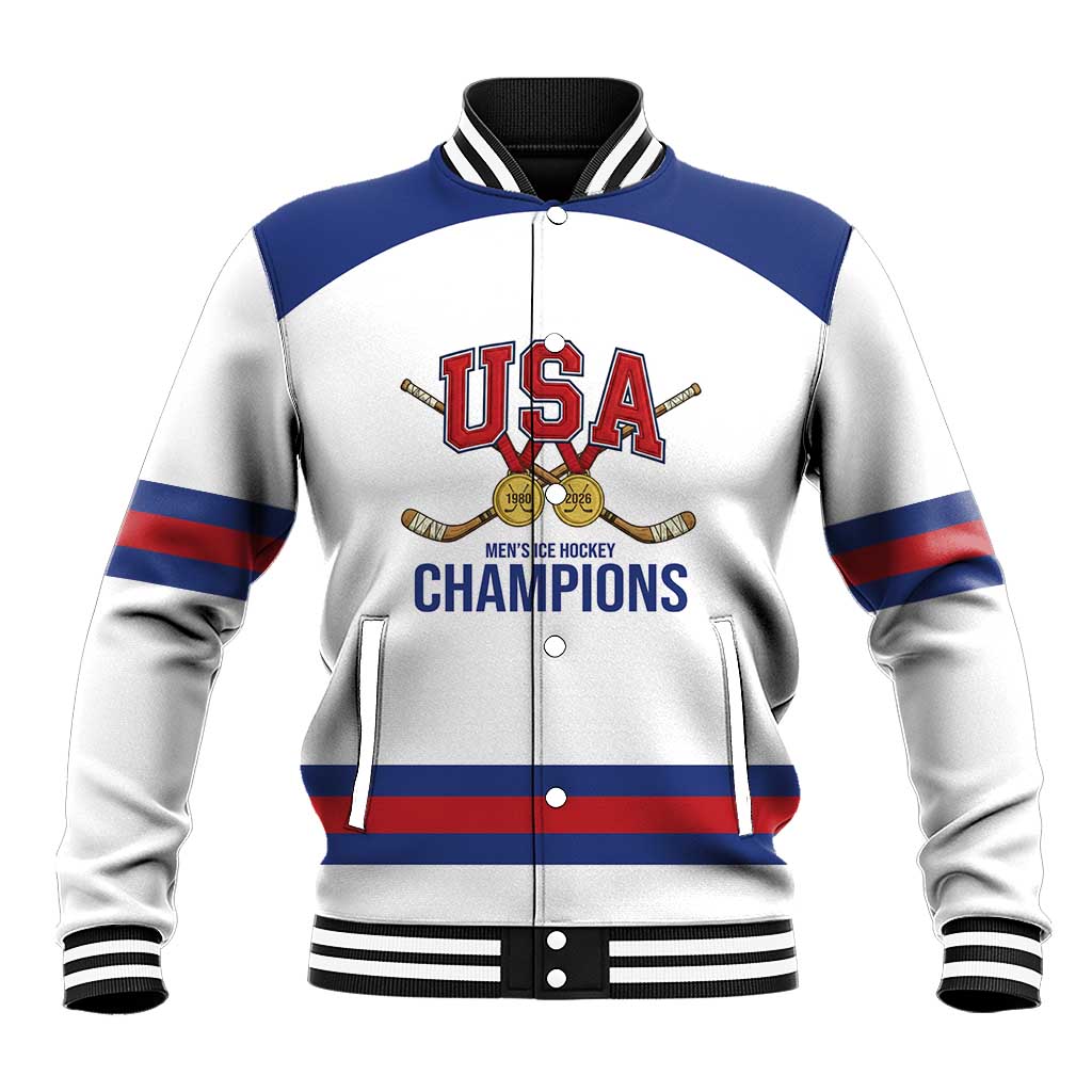 Custom United States Hockey 1980-2026 Gold Medal Baseball Jacket Embroidery Effect White Style