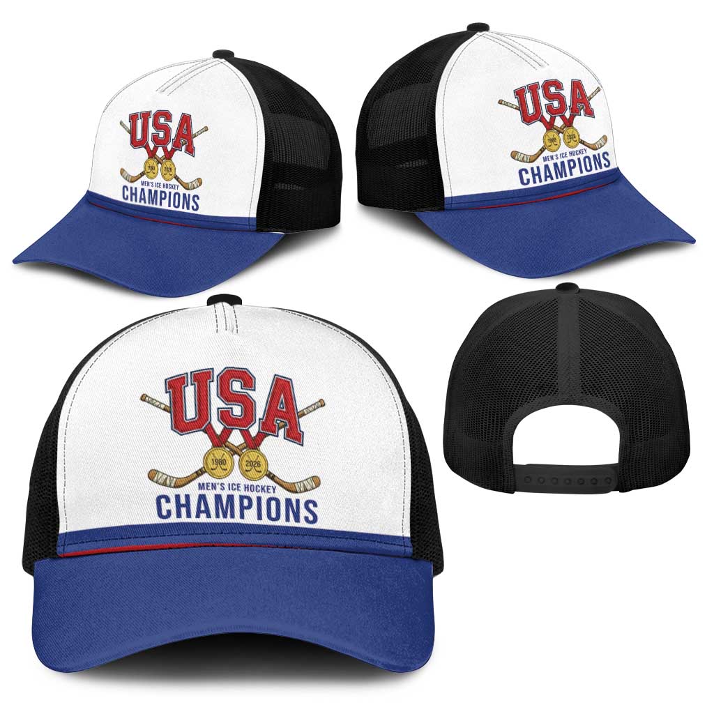 United States Hockey 1980-2026 Gold Medal Baseball Net Cap Embroidery Effect White Style