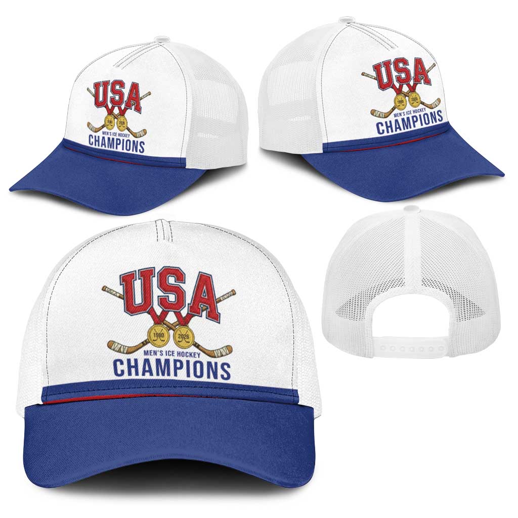 United States Hockey 1980-2026 Gold Medal Baseball Net Cap Embroidery Effect White Style