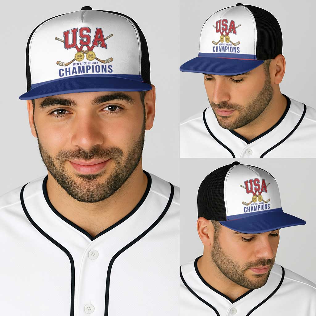 United States Hockey 1980-2026 Gold Medal Baseball Net Cap Embroidery Effect White Style