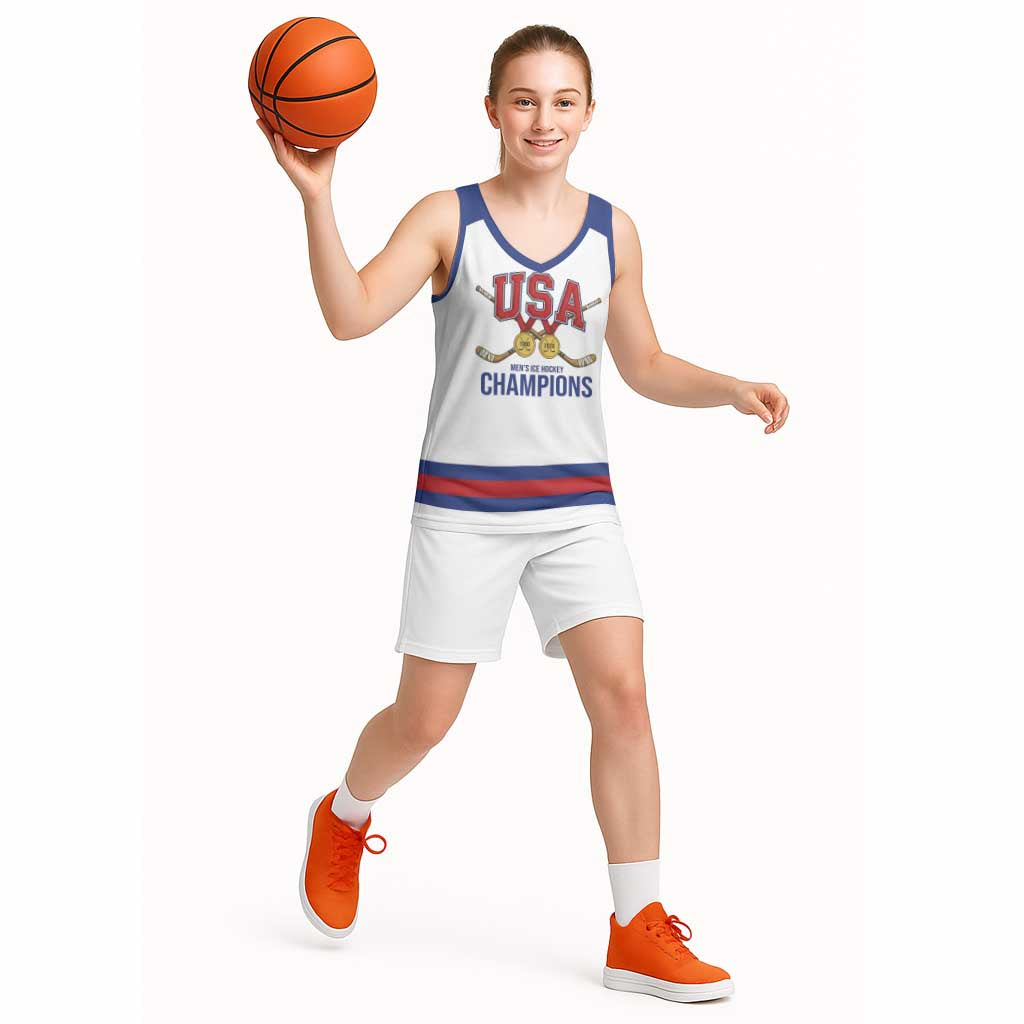 Custom United States Hockey 1980-2026 Gold Medal Basketball Jersey Embroidery Effect White Style