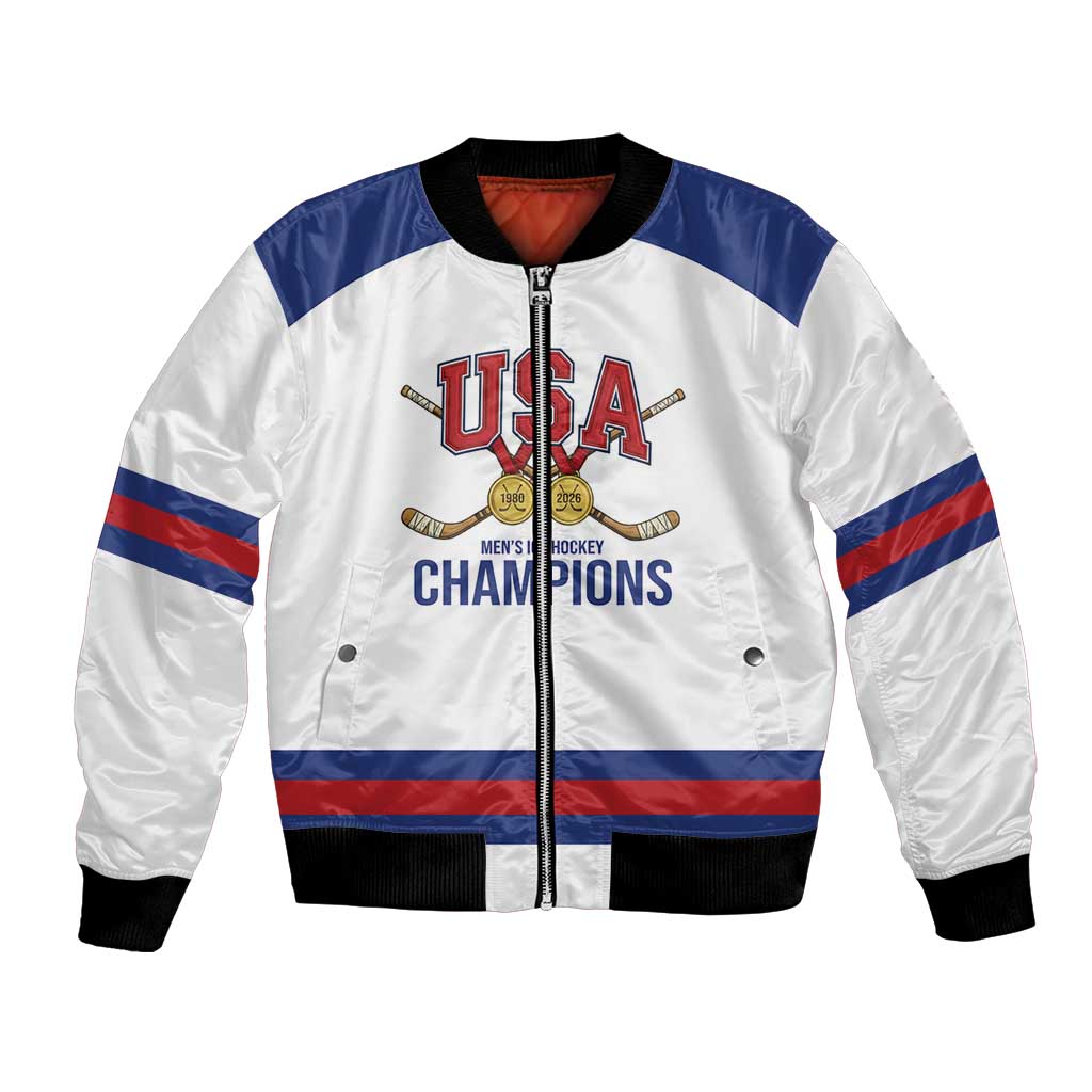 Custom United States Hockey 1980-2026 Gold Medal Bomber Jacket Embroidery Effect White Style
