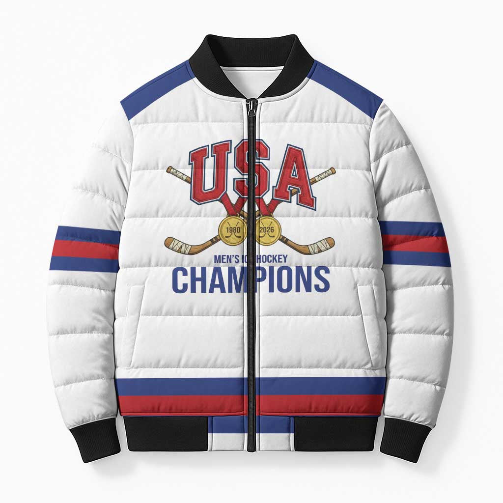 Custom United States Hockey 1980-2026 Gold Medal Bomber Puffer Jacket Embroidery Effect White Style