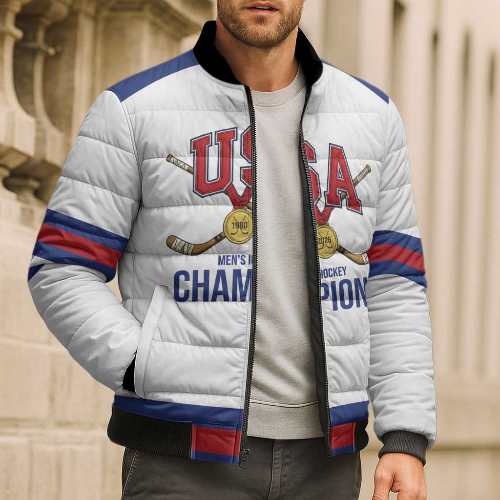 Custom United States Hockey 1980-2026 Gold Medal Bomber Puffer Jacket Embroidery Effect White Style
