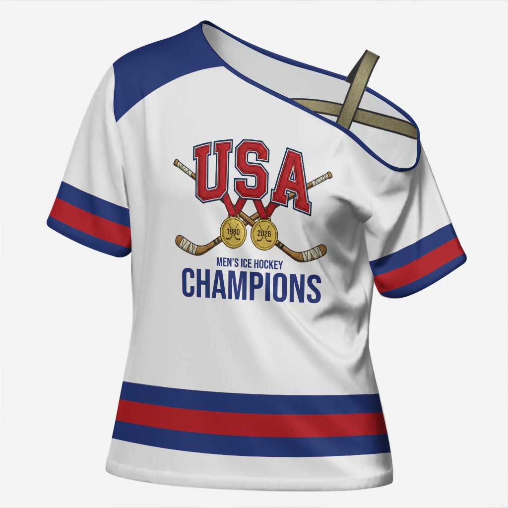Custom United States Hockey 1980-2026 Gold Medal Cross Shoulder Shirt Embroidery Effect White Style