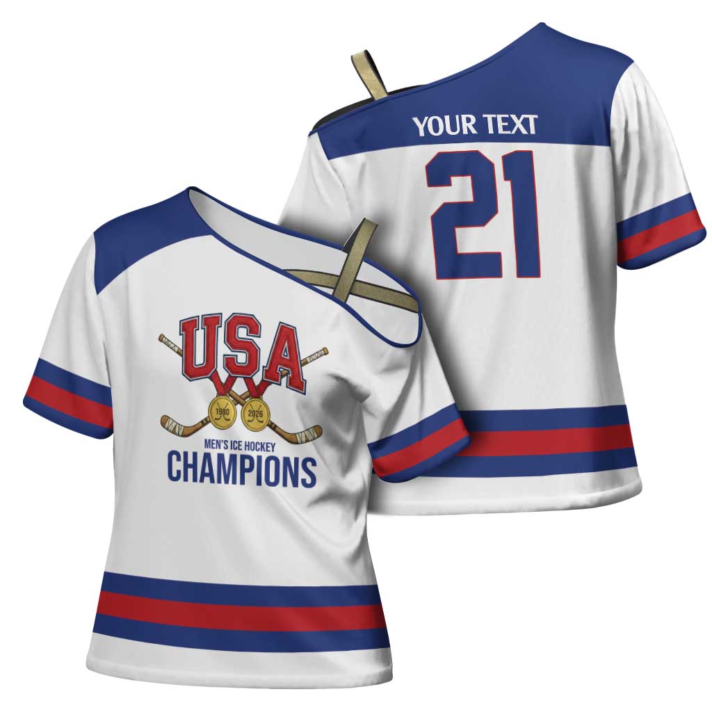 Custom United States Hockey 1980-2026 Gold Medal Cross Shoulder Shirt Embroidery Effect White Style
