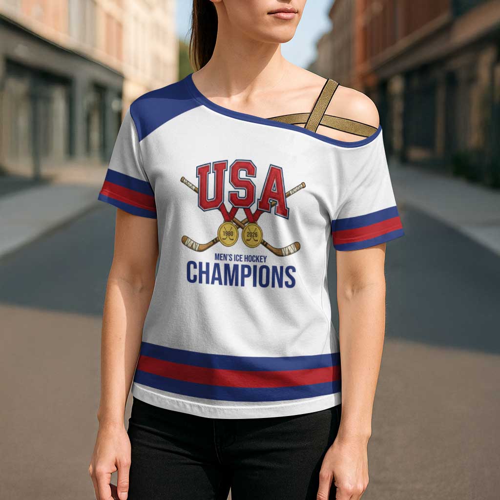 Custom United States Hockey 1980-2026 Gold Medal Cross Shoulder Shirt Embroidery Effect White Style