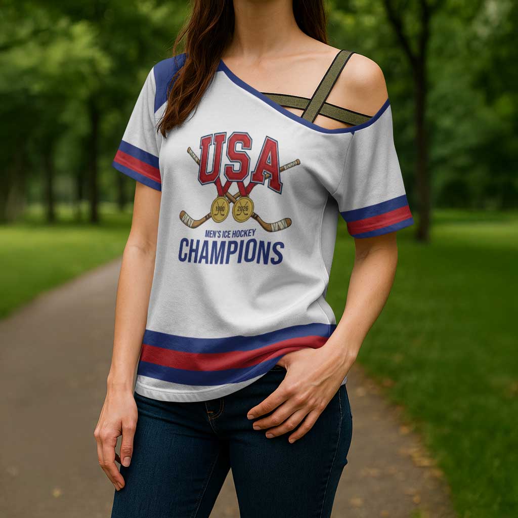Custom United States Hockey 1980-2026 Gold Medal Cross Shoulder Shirt Embroidery Effect White Style