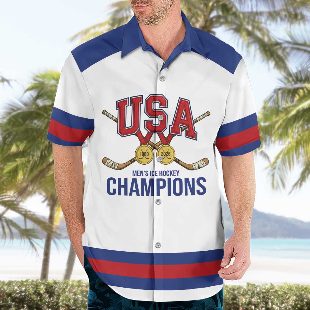 Custom United States Hockey 1980-2026 Gold Medal Hawaiian Shirt Embroidery Effect White Style