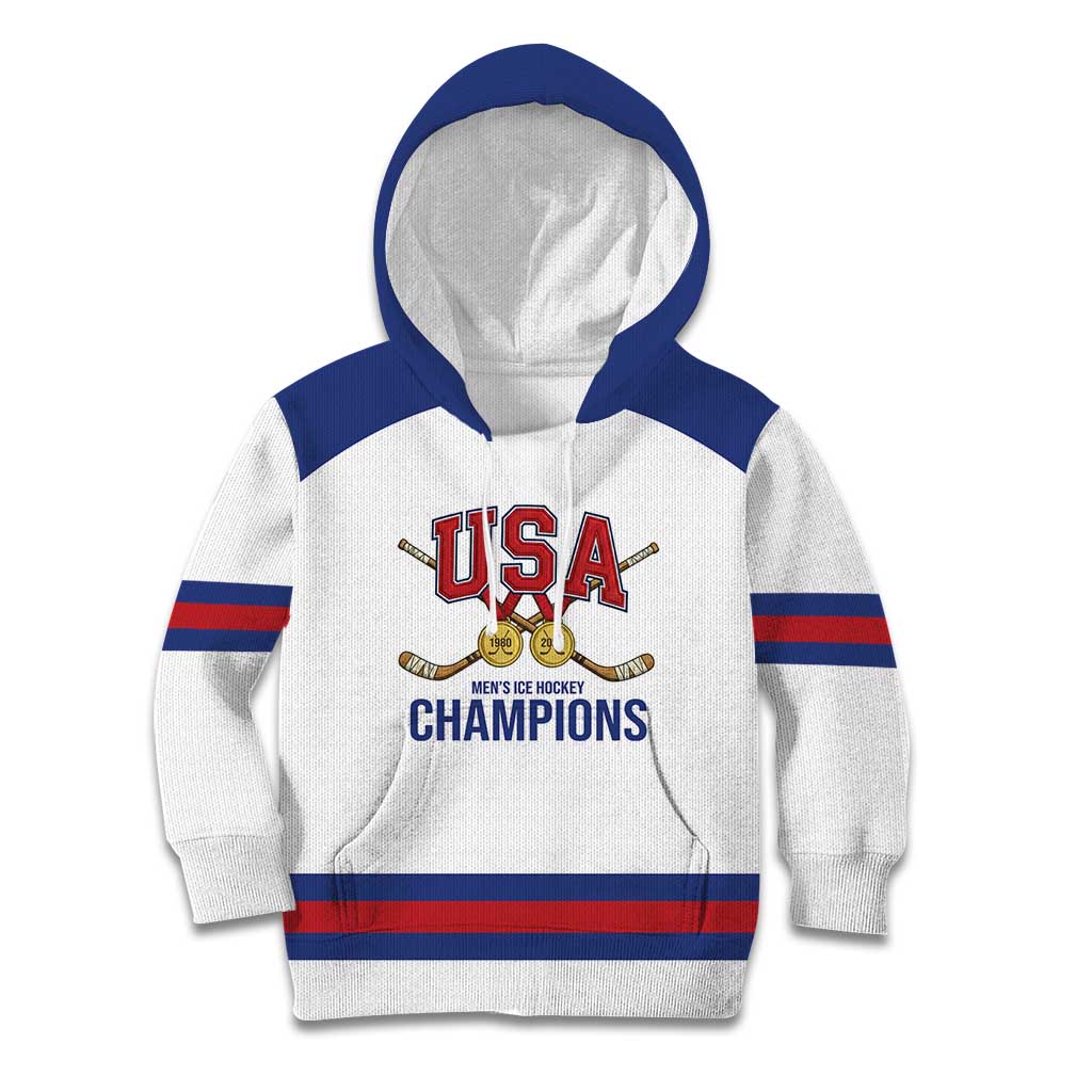 Custom United States Hockey 1980-2026 Gold Medal Kid Hoodie Embroidery Effect White Style