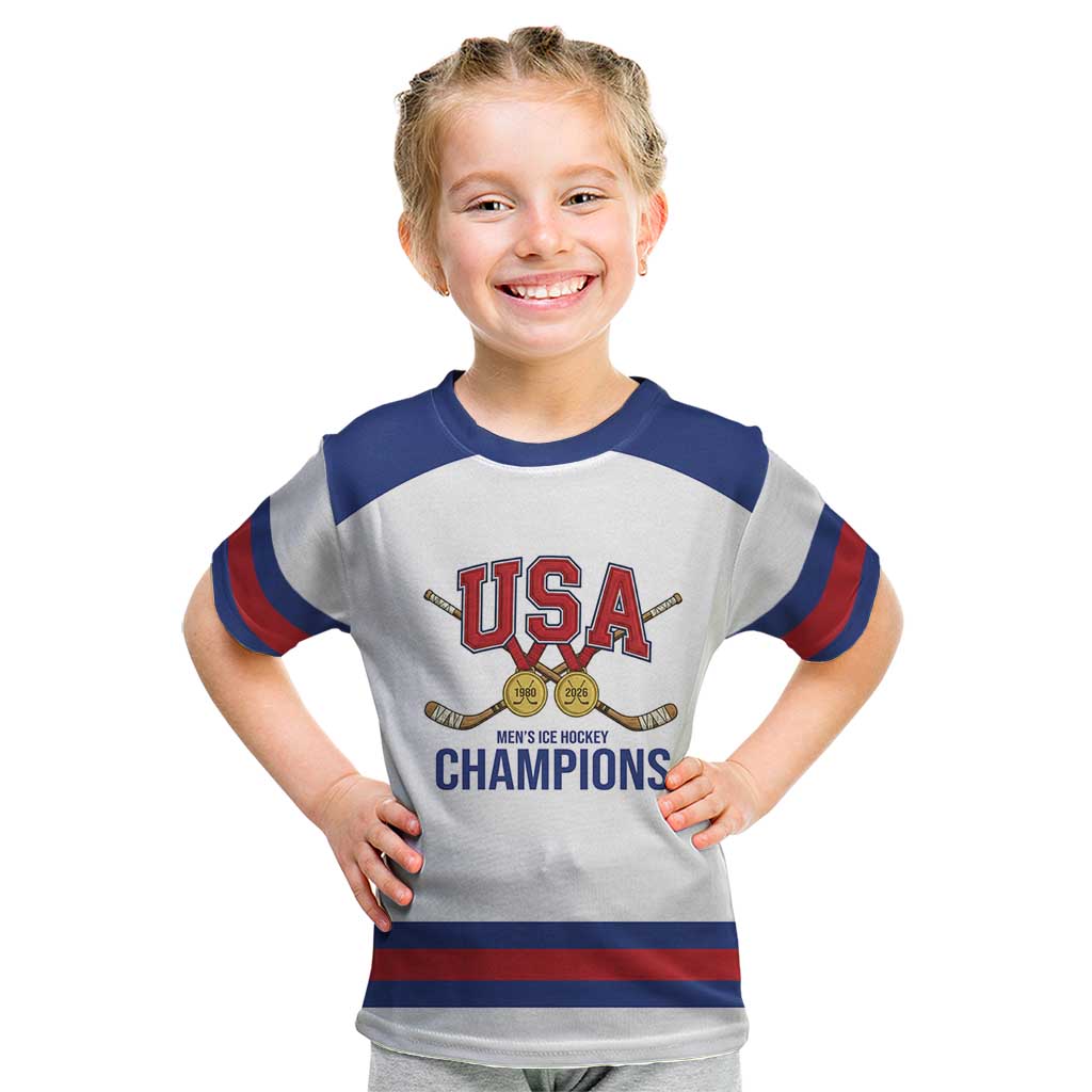 Custom United States Hockey 1980-2026 Gold Medal Kid T Shirt Embroidery Effect White Style