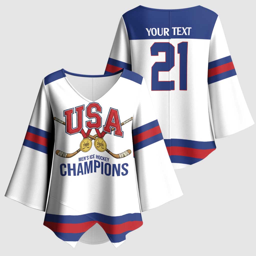 Custom United States Hockey 1980-2026 Gold Medal Kimono Sleeve Blouse Embroidery Effect White Style