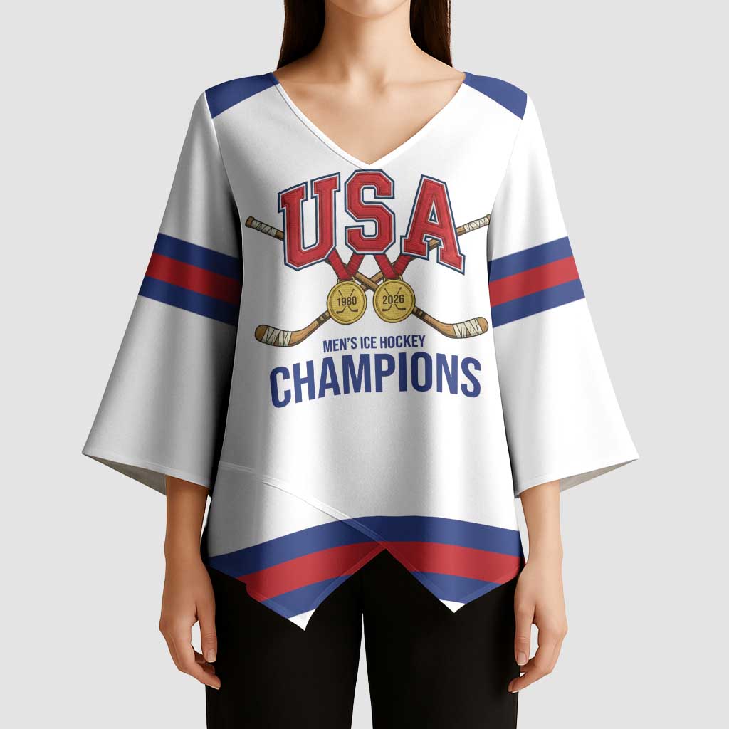 Custom United States Hockey 1980-2026 Gold Medal Kimono Sleeve Blouse Embroidery Effect White Style