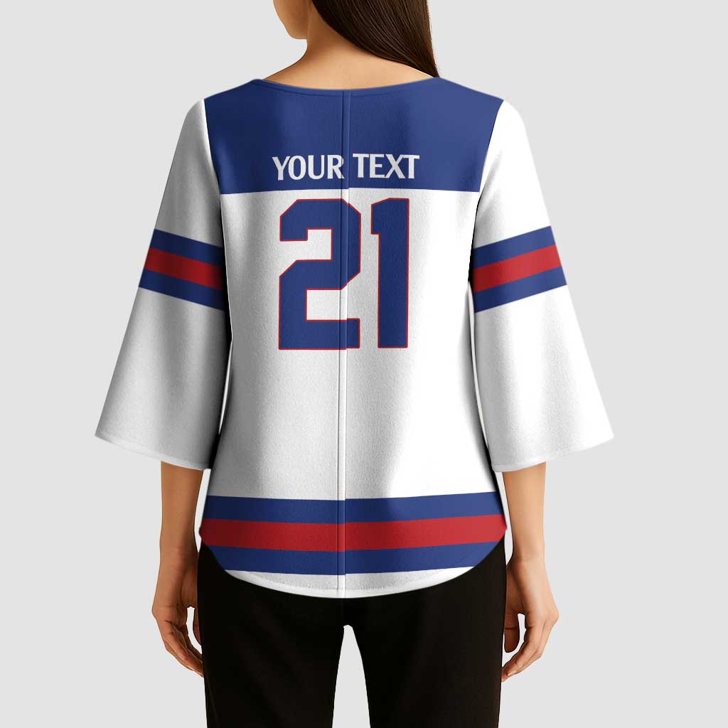 Custom United States Hockey 1980-2026 Gold Medal Kimono Sleeve Blouse Embroidery Effect White Style