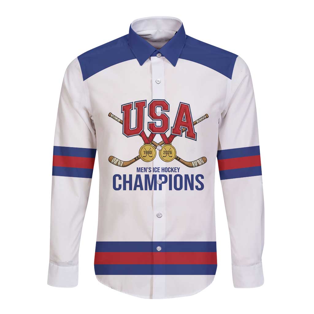 Custom United States Hockey 1980-2026 Gold Medal Long Sleeve Button Shirt Embroidery Effect White Style