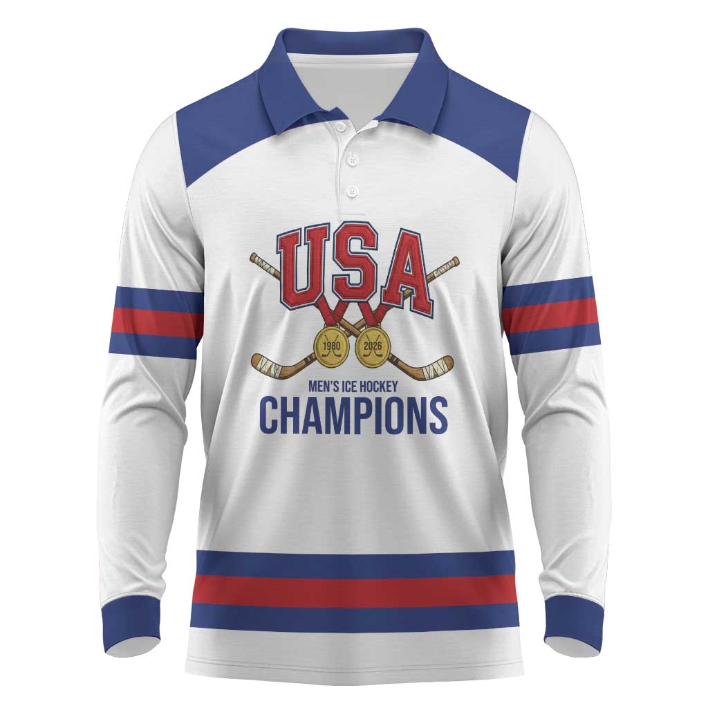 Custom United States Hockey 1980-2026 Gold Medal Long Sleeve Polo Shirt Embroidery Effect White Style