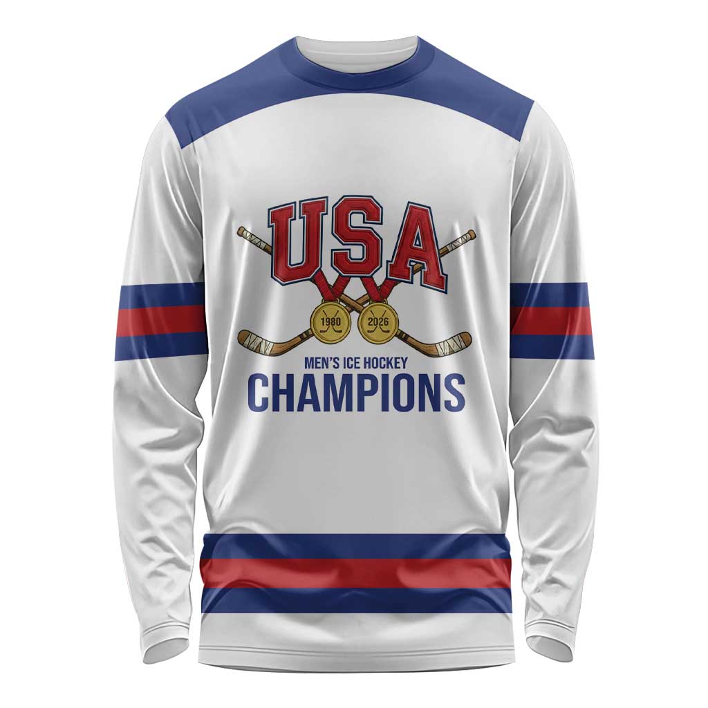 Custom United States Hockey 1980-2026 Gold Medal Long Sleeve Shirt Embroidery Effect White Style