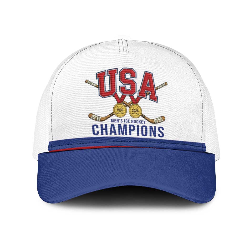 United States Hockey 1980-2026 Gold Medal Mesh Trucker Cap Embroidery Effect White Style