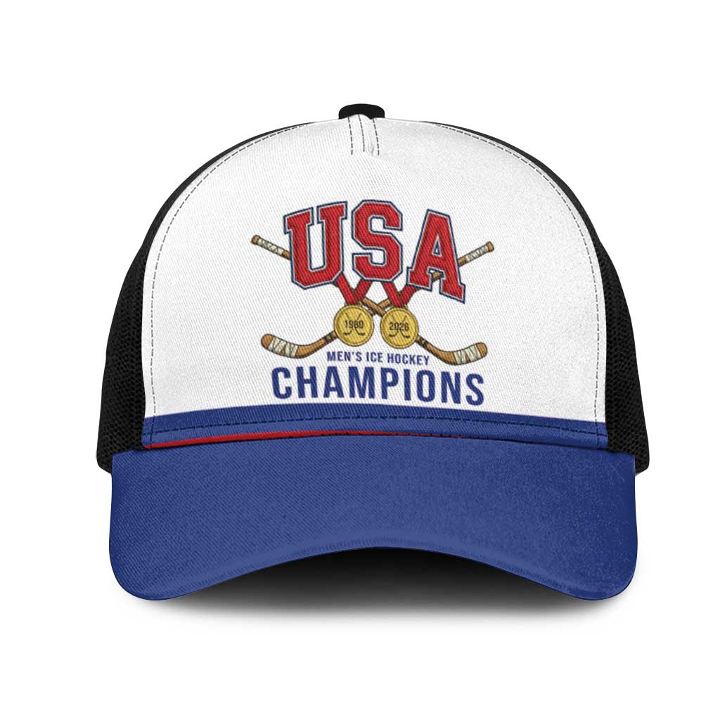 United States Hockey 1980-2026 Gold Medal Mesh Trucker Cap Embroidery Effect White Style
