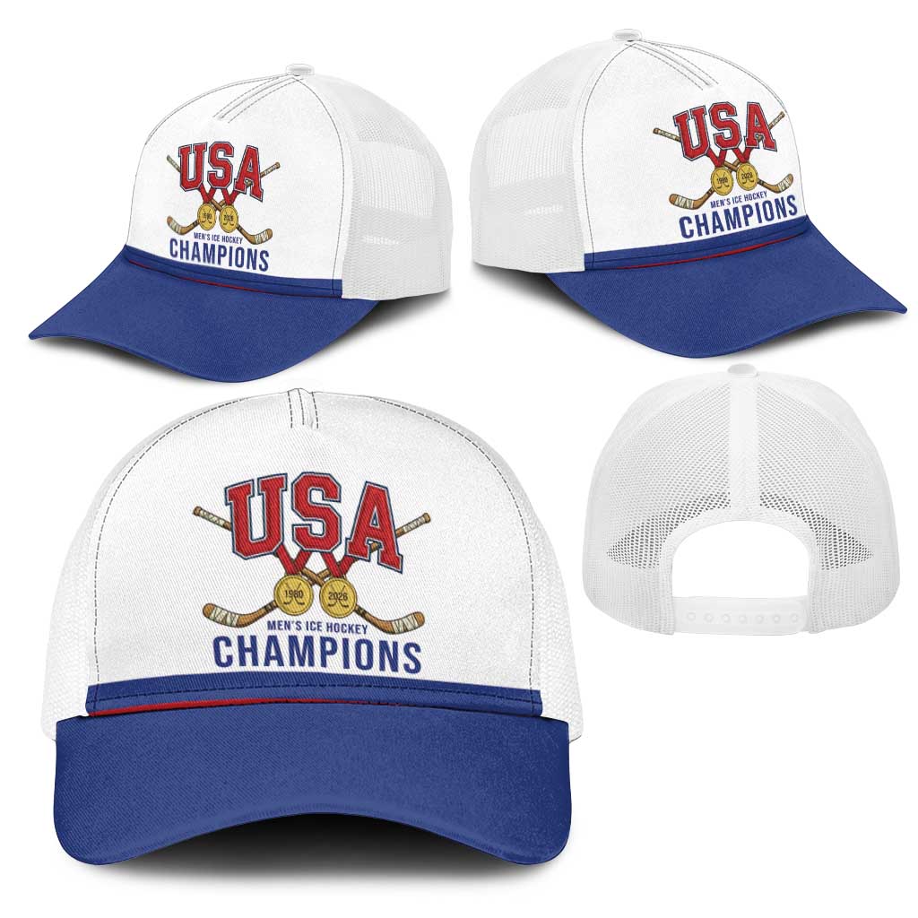 United States Hockey 1980-2026 Gold Medal Mesh Trucker Cap Embroidery Effect White Style