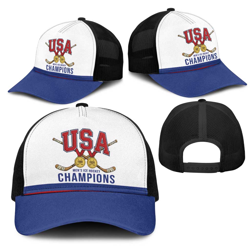 United States Hockey 1980-2026 Gold Medal Mesh Trucker Cap Embroidery Effect White Style