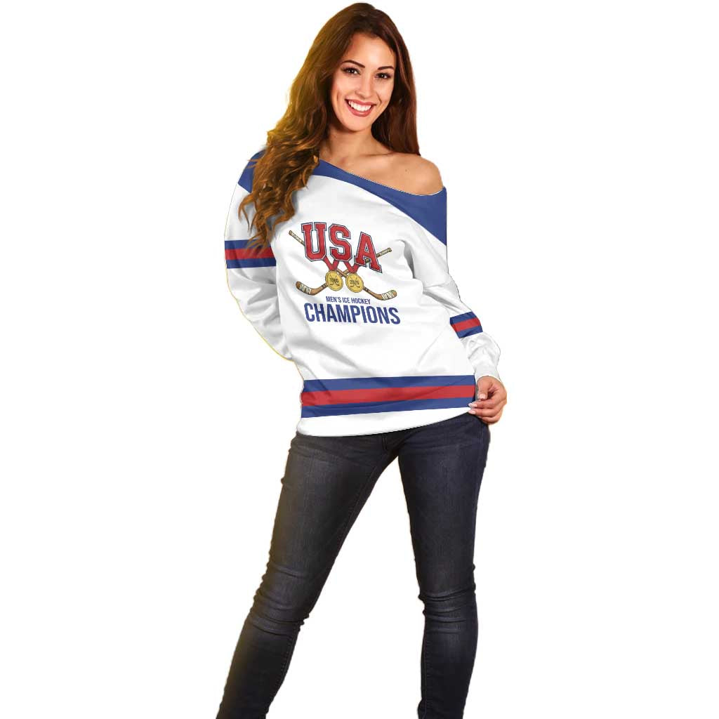 Custom United States Hockey 1980-2026 Gold Medal Off Shoulder Sweater Embroidery Effect White Style