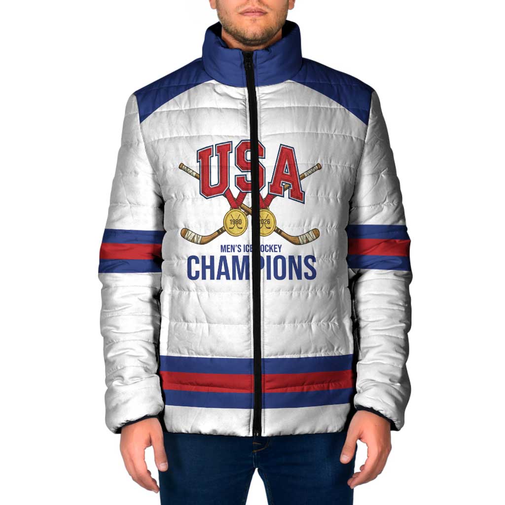 Custom United States Hockey 1980-2026 Gold Medal Padded Jacket Embroidery Effect White Style