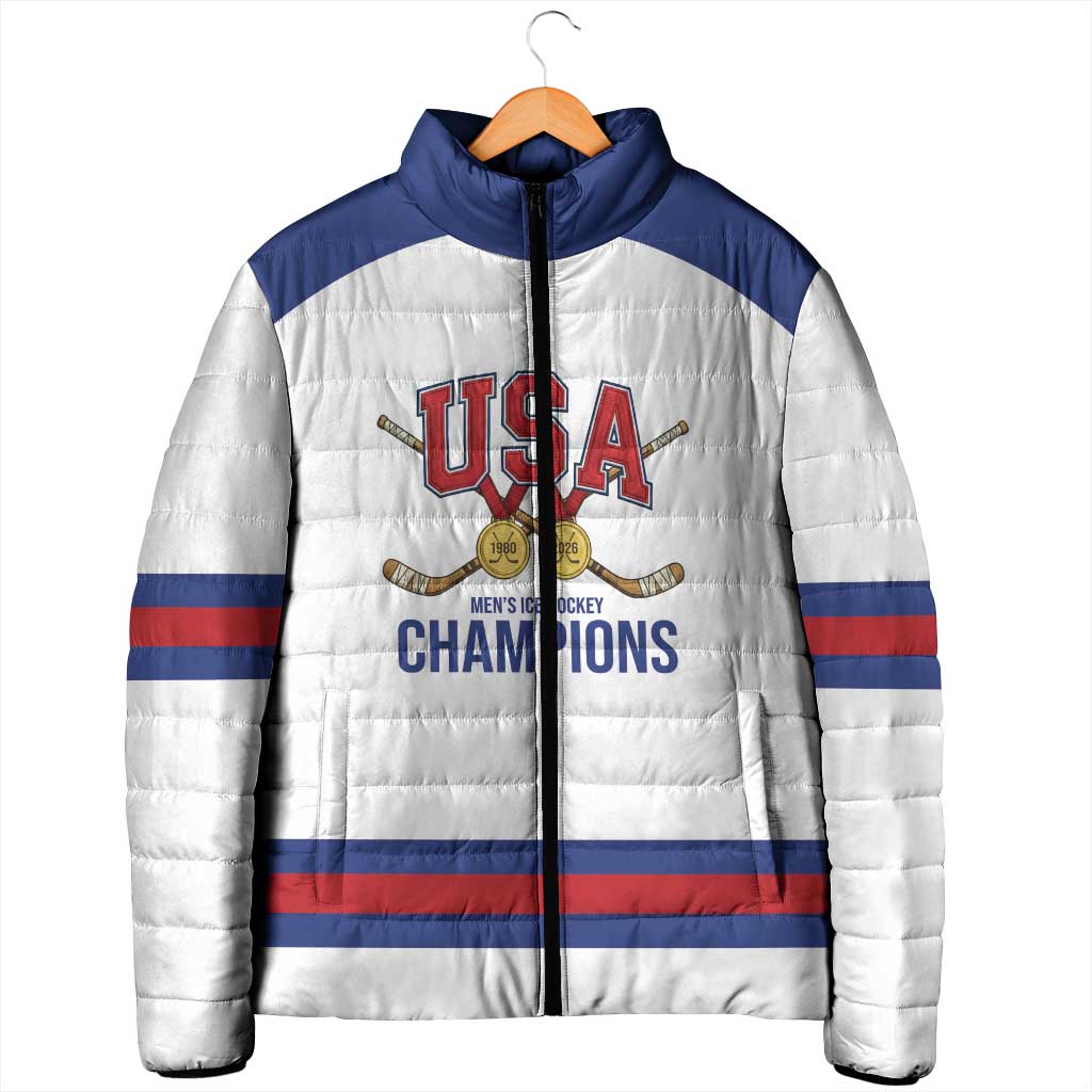 Custom United States Hockey 1980-2026 Gold Medal Padded Jacket Embroidery Effect White Style