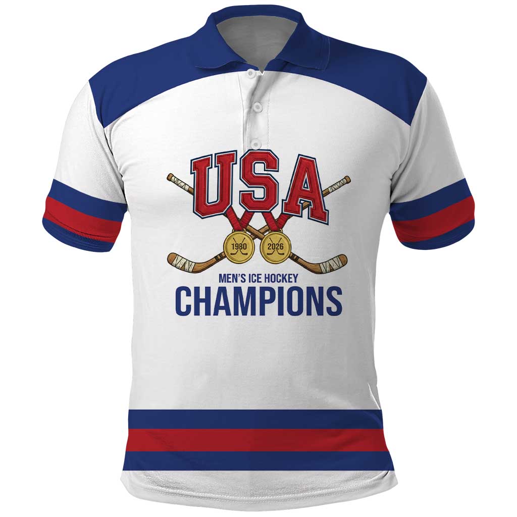 Custom United States Hockey 1980-2026 Gold Medal Polo Shirt Embroidery Effect White Style