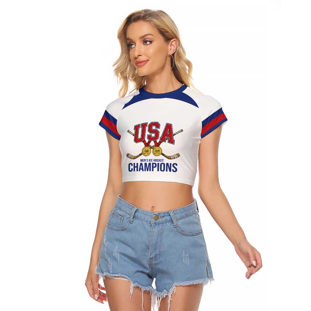 Custom United States Hockey 1980-2026 Gold Medal Raglan Cropped T Shirt Embroidery Effect White Style