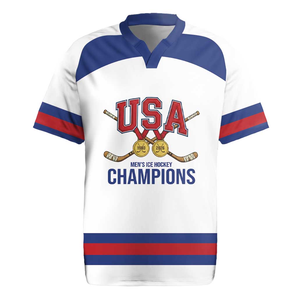 Custom United States Hockey 1980-2026 Gold Medal Rugby Jersey Embroidery Effect White Style