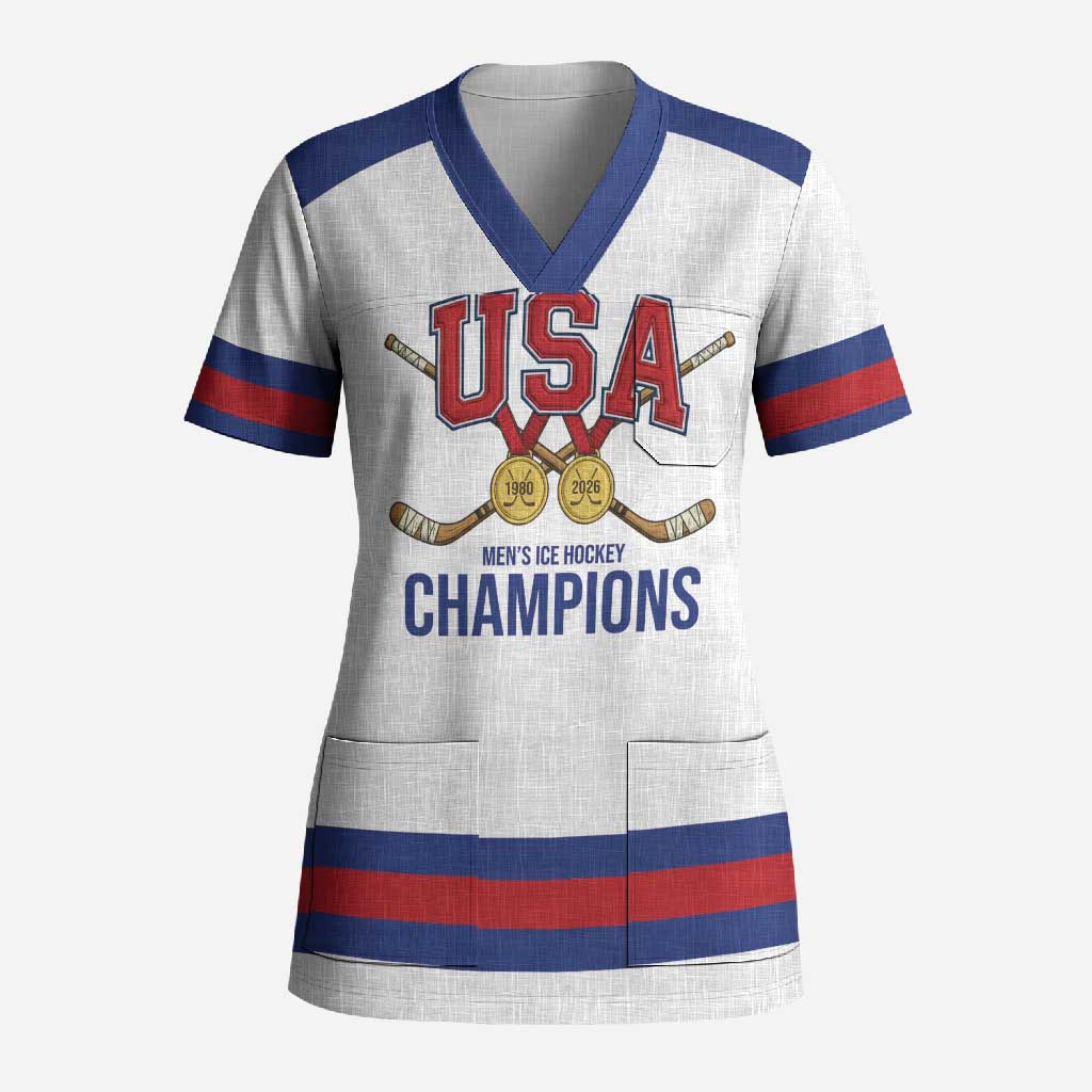 Custom United States Hockey 1980-2026 Gold Medal Scrub Top Embroidery Effect White Style