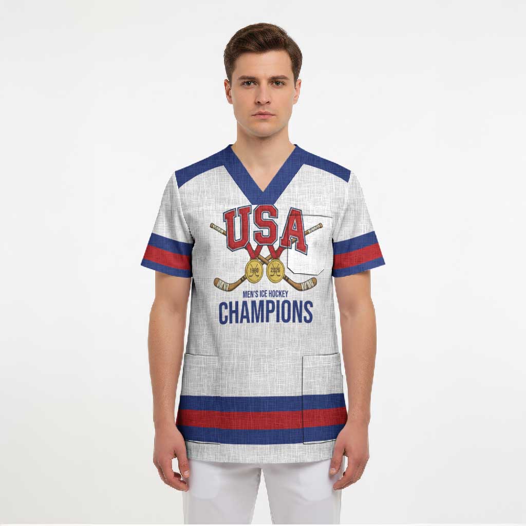 Custom United States Hockey 1980-2026 Gold Medal Scrub Top Embroidery Effect White Style