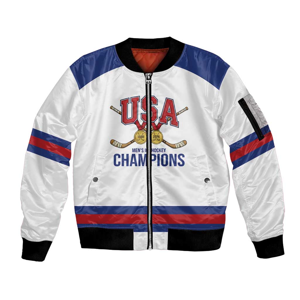 Custom United States Hockey 1980-2026 Gold Medal Sleeve Zip Bomber Jacket Embroidery Effect White Style