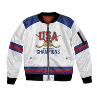 Custom United States Hockey 1980-2026 Gold Medal Sleeve Zip Bomber Jacket Embroidery Effect White Style