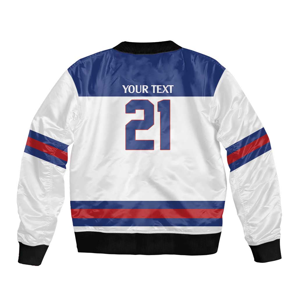 Custom United States Hockey 1980-2026 Gold Medal Sleeve Zip Bomber Jacket Embroidery Effect White Style