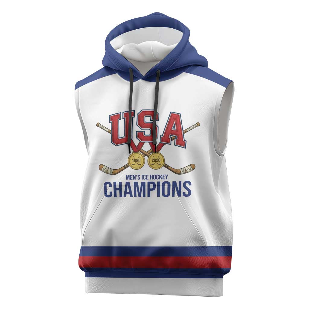 Custom United States Hockey 1980-2026 Gold Medal Sleeveless Hoodie Embroidery Effect White Style