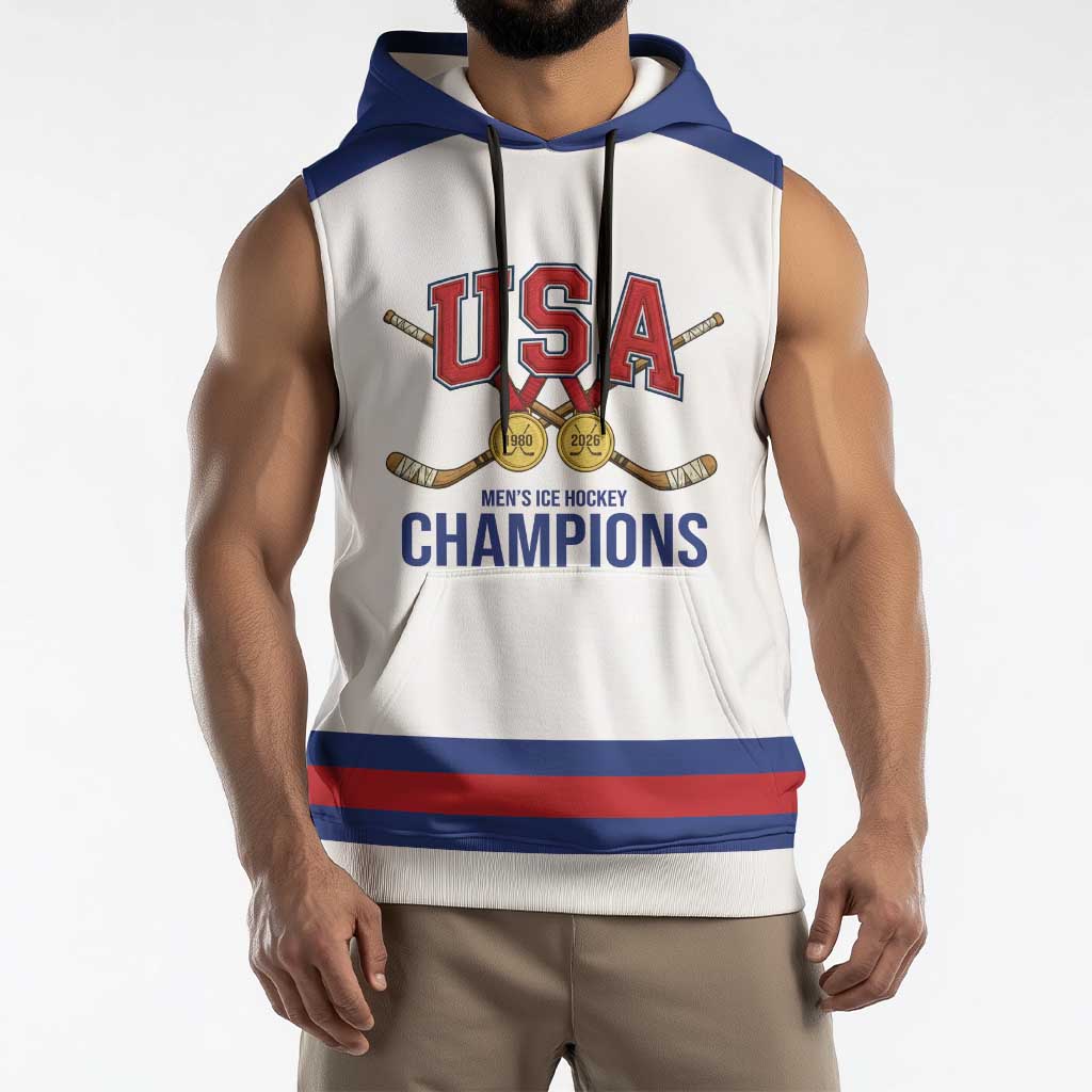 Custom United States Hockey 1980-2026 Gold Medal Sleeveless Hoodie Embroidery Effect White Style