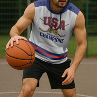 Custom United States Hockey 1980-2026 Gold Medal Sleeveless Hoodie Embroidery Effect White Style
