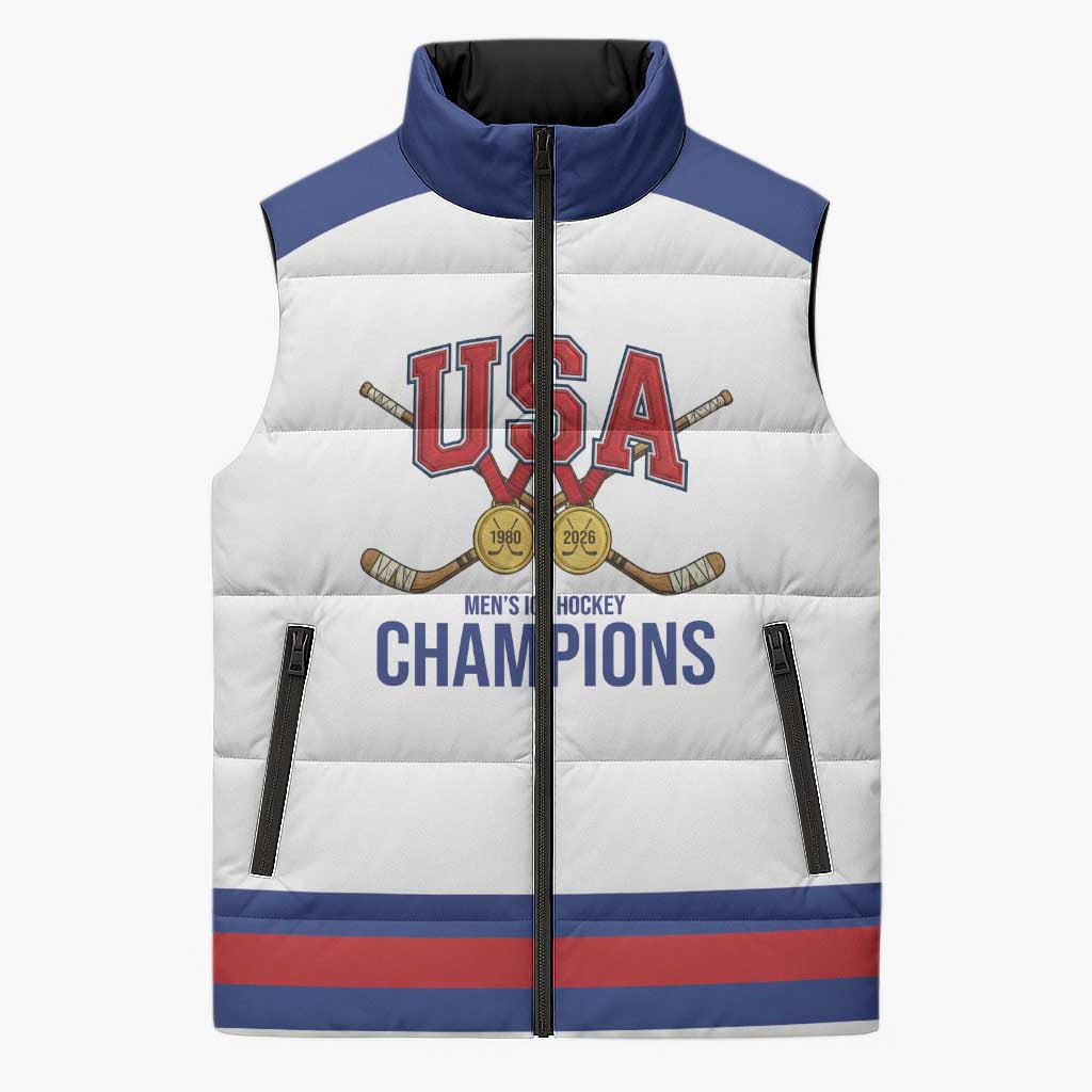Custom United States Hockey 1980-2026 Gold Medal Sleeveless Puffer Jacket Embroidery Effect White Style