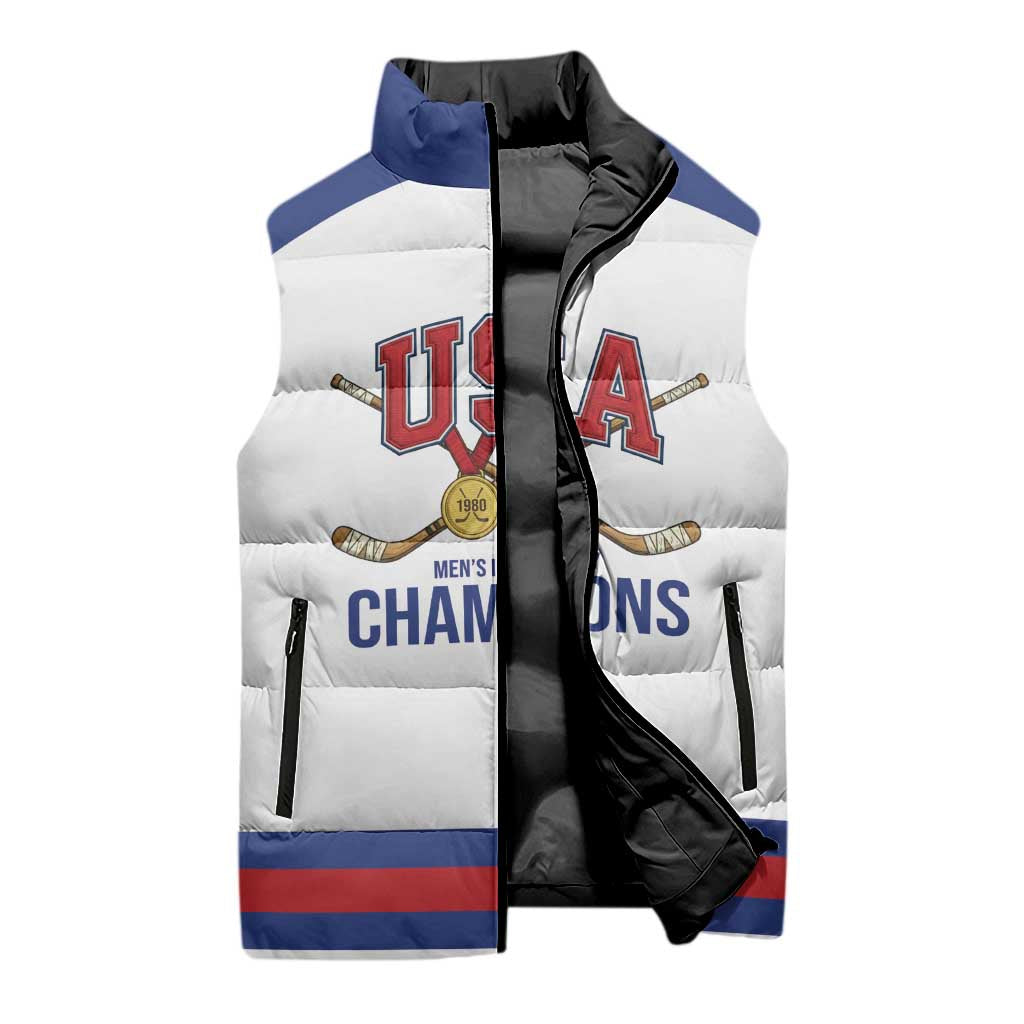 Custom United States Hockey 1980-2026 Gold Medal Sleeveless Puffer Jacket Embroidery Effect White Style
