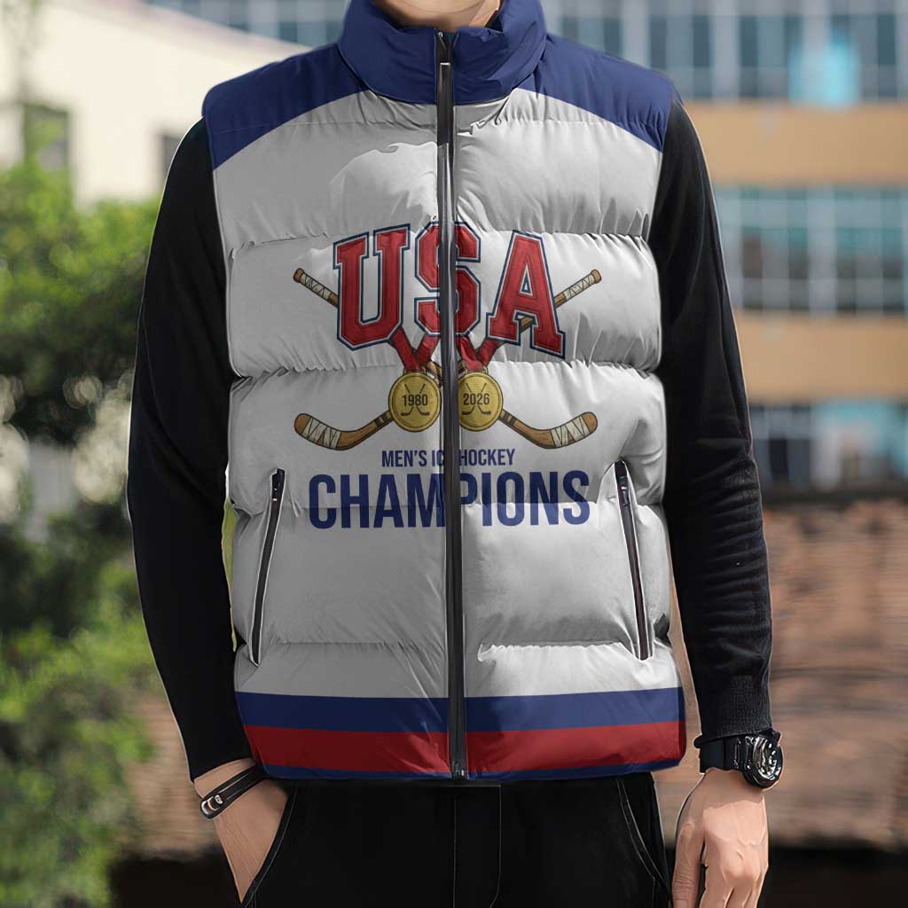 Custom United States Hockey 1980-2026 Gold Medal Sleeveless Puffer Jacket Embroidery Effect White Style