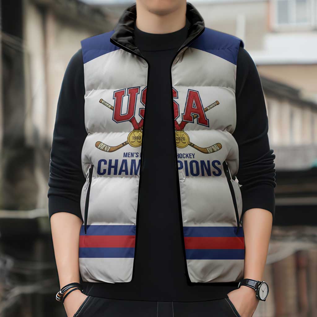 Custom United States Hockey 1980-2026 Gold Medal Sleeveless Puffer Jacket Embroidery Effect White Style