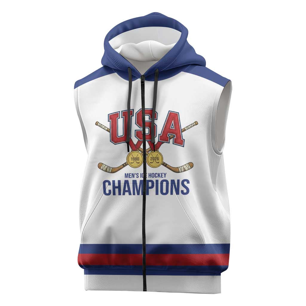 Custom United States Hockey 1980-2026 Gold Medal Sleeveless Zip Hoodie Embroidery Effect White Style