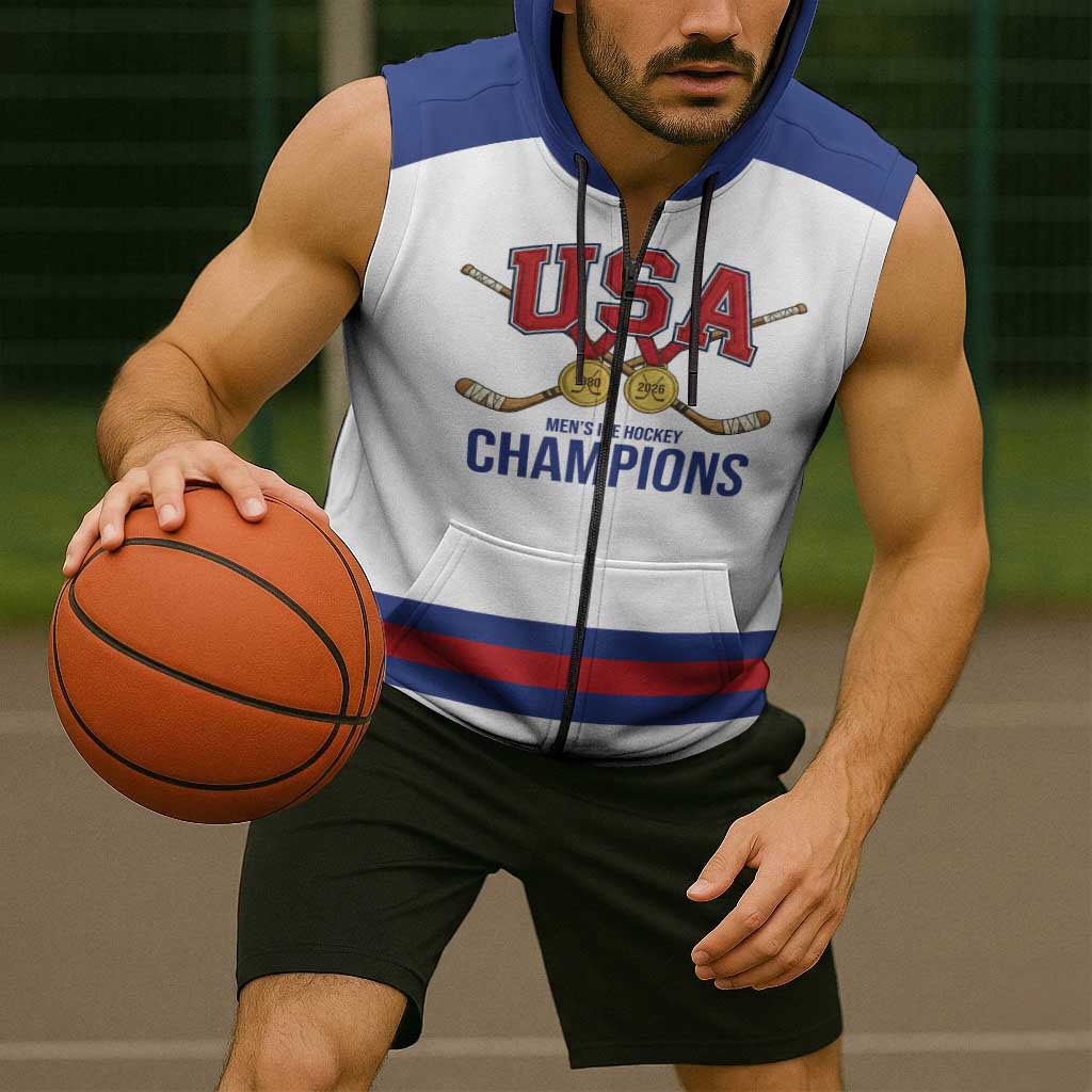 Custom United States Hockey 1980-2026 Gold Medal Sleeveless Zip Hoodie Embroidery Effect White Style