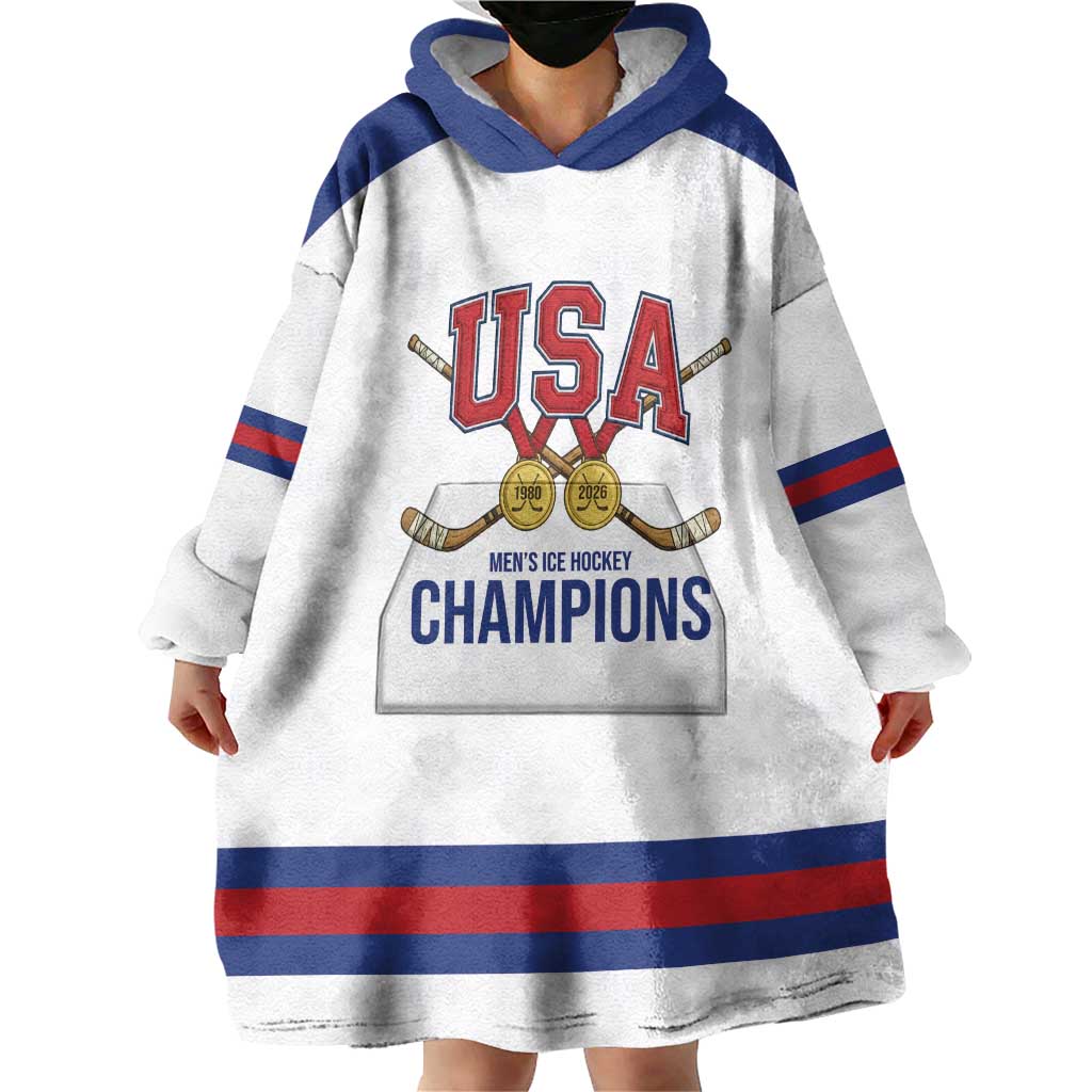 Custom United States Hockey 1980-2026 Gold Medal Wearable Blanket Hoodie Embroidery Effect White Style